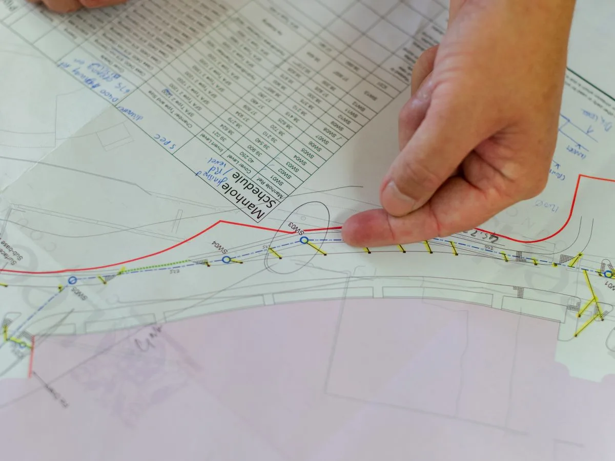 Mains vérifiant un plan de construction pour préparer un chantier
