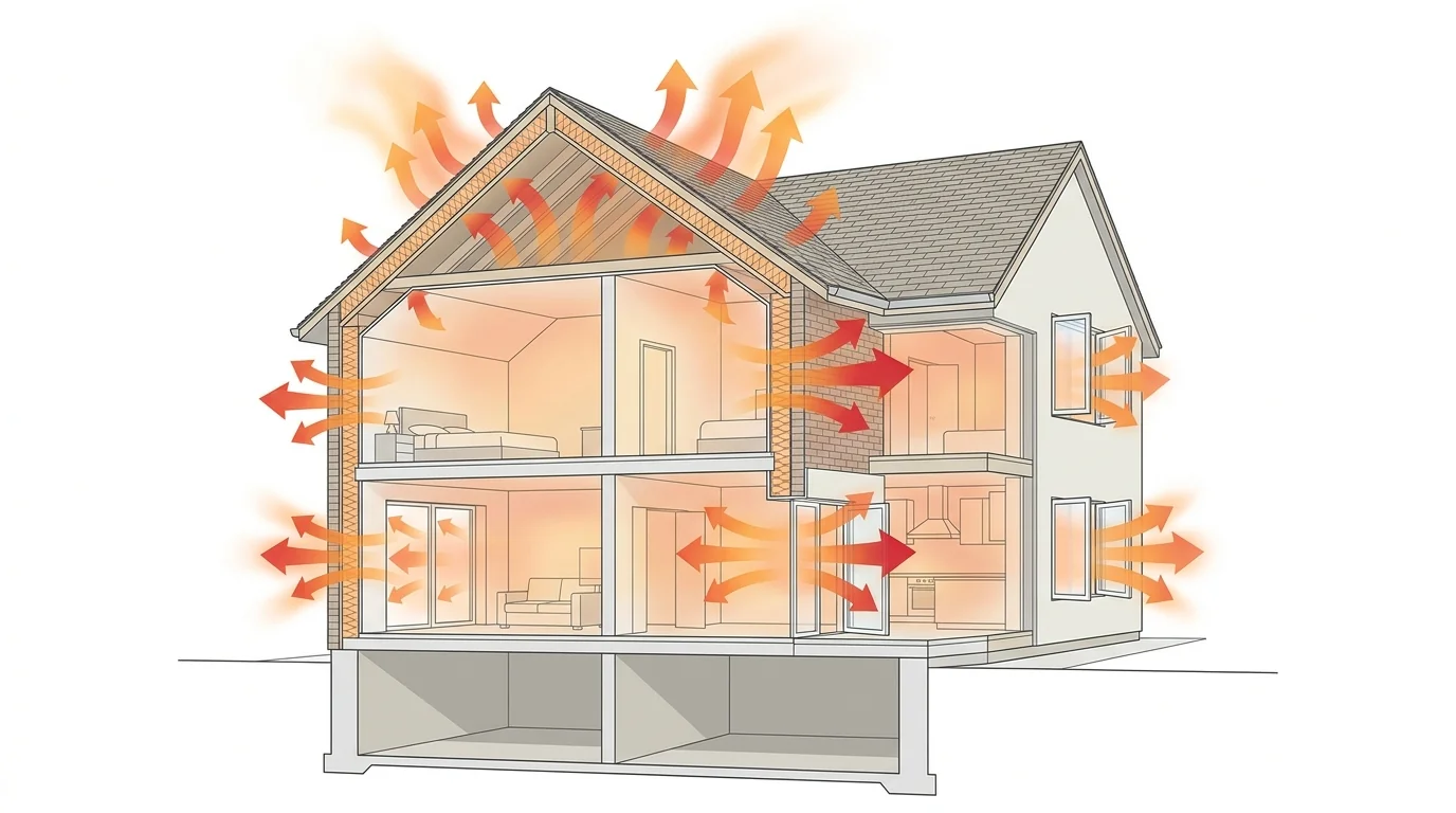 Maison bien isolée en coupe schématique montrant les déperditions thermiques