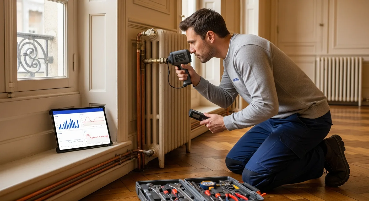 Technicien qui vérifie les radiateurs avant de dimensionner une pompe à chaleur